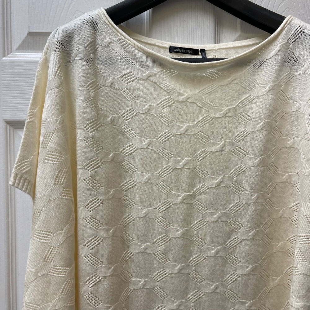 Women's Large Ivory Pointelle Stitch Open Batwing Sleeved Acrylic Sweater